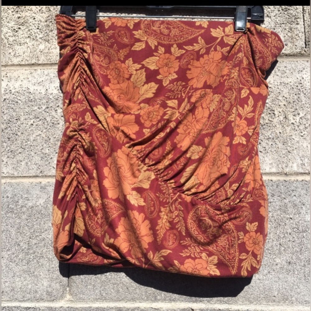 Free People Size Medium Mini Skirt Ruched Floral & Paisley Printed Autumn Colors
